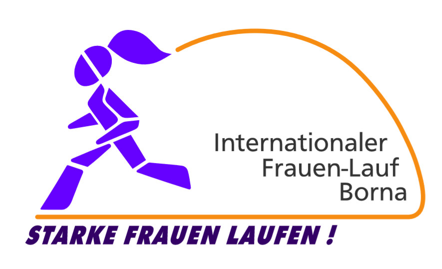 Logo für den Internationalen Frauen-Lauf Borna; zeigt eine stilisierte lila Läuferin und darunter den Text STARKE FRAUEN LAUFEN! in fettem Lila und Orange.