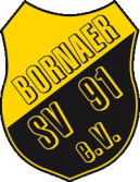 Ein gelb-schwarzes schildförmiges Logo mit dem Text BORNAER SV 91 e.V. in fetten Großbuchstaben.