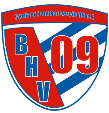 Rot-weiß-blaues, schildförmiges Logo des Bornaer Handballvereins 09 e.V. mit den Initialen BHV und der Zahl 09.