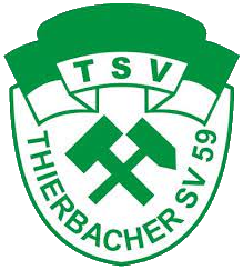 Grün-weißes Vereinslogo mit dem Text TSV Thierbacher SV 59 und zwei gekreuzten Hämmern in der Mitte.