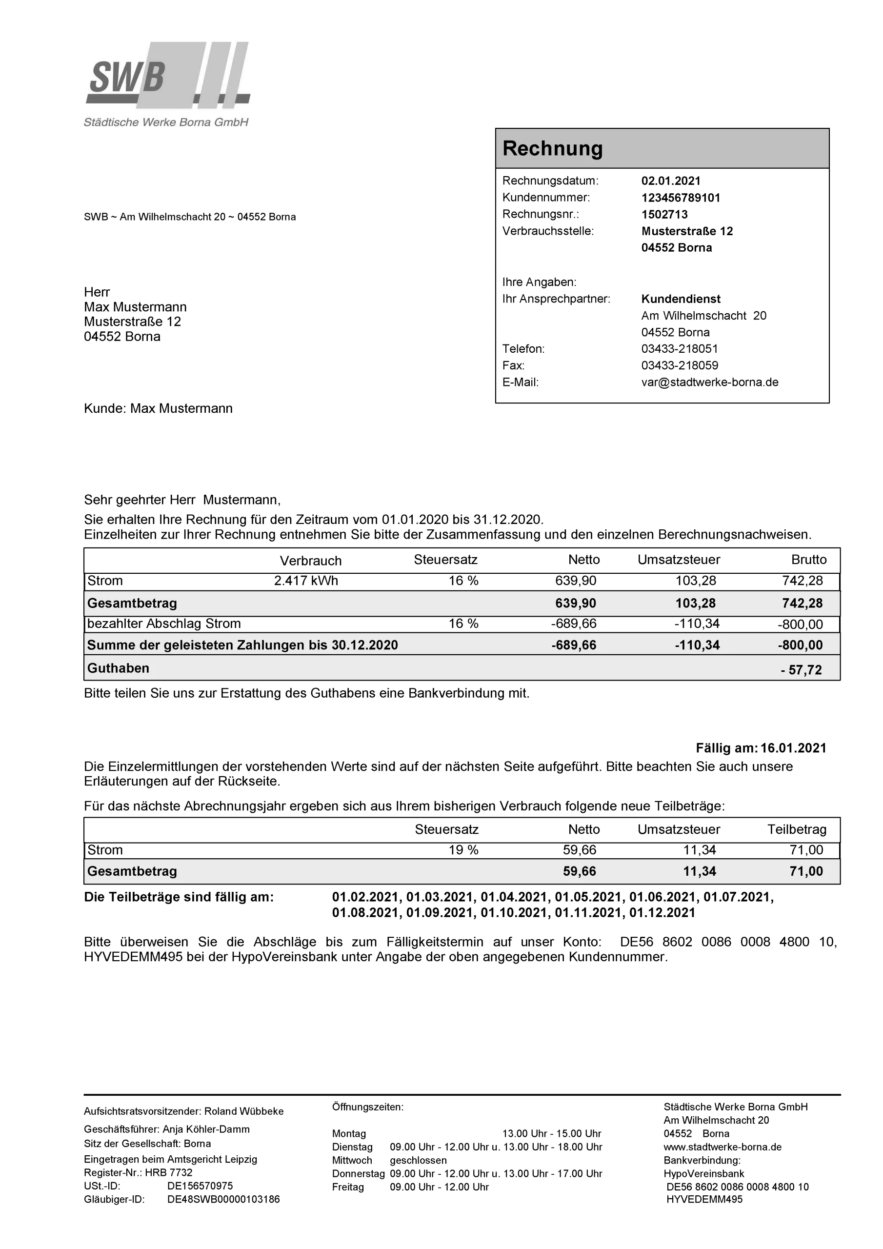 Ein an Max Mustermann adressierter Einzelverbindungsnachweis der SWB mit Angaben zu den Leistungen, der Fälligkeit der Zahlung und einer Zusammenfassung der Gebühren in einem formalen Dokumentenformat.