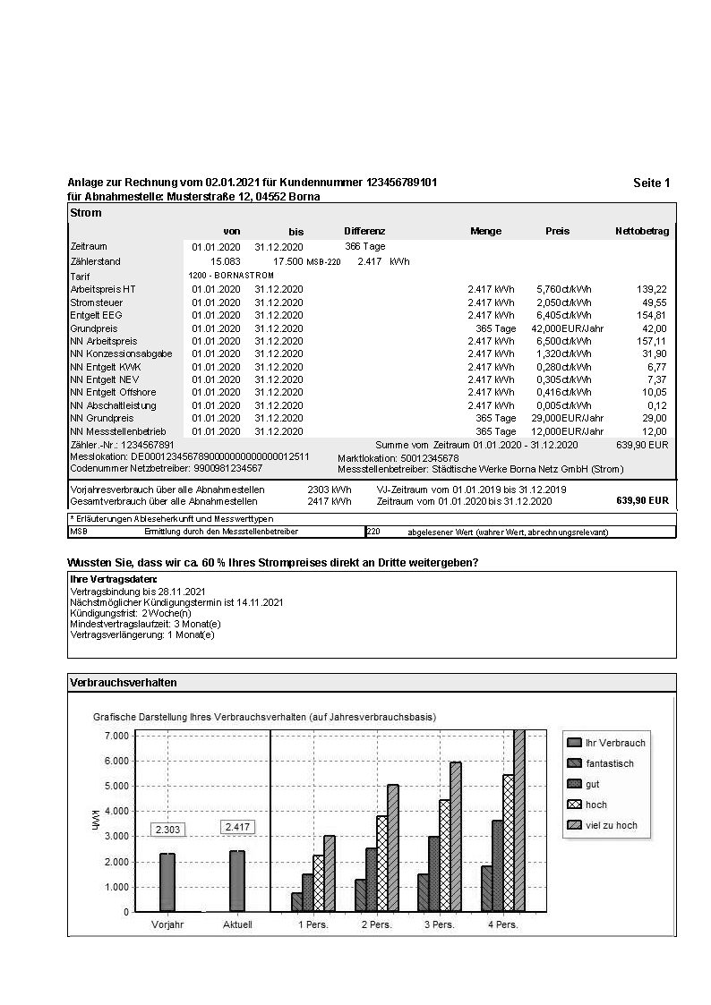 Stromrechnung auf Deutsch mit Verbrauchsdaten, Kosten, Balkendiagrammen zum Vergleich des Jahresverbrauchs und einer Tabelle mit den Zählerständen von 2019 bis 2021.