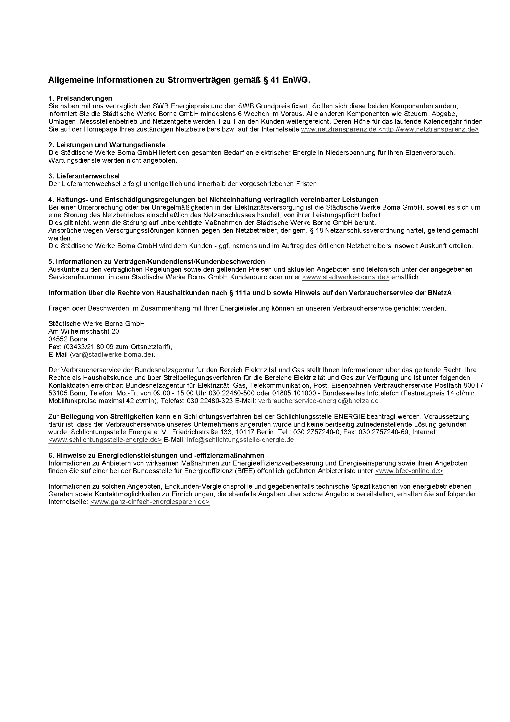 Ein Dokument in deutscher Sprache mit allgemeinen Informationen über Stromverträge, einschließlich Preisgestaltung, Abrechnung, Haftung, Lieferbedingungen und Verbraucherrechte.