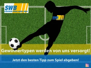 Die Silhouette eines Fußballspielers, der einen Ball schießt, mit SWB-Logos und deutschem Text, der für einen Wettbewerb zur Vorhersage des Spielergebnisses wirbt.