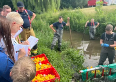 Eine Gruppe von Menschen steht neben Kisten mit Gummienten an einem Fluss. Einige machen sich Notizen, während andere in Wathosen mit einem Netz im Wasser arbeiten.