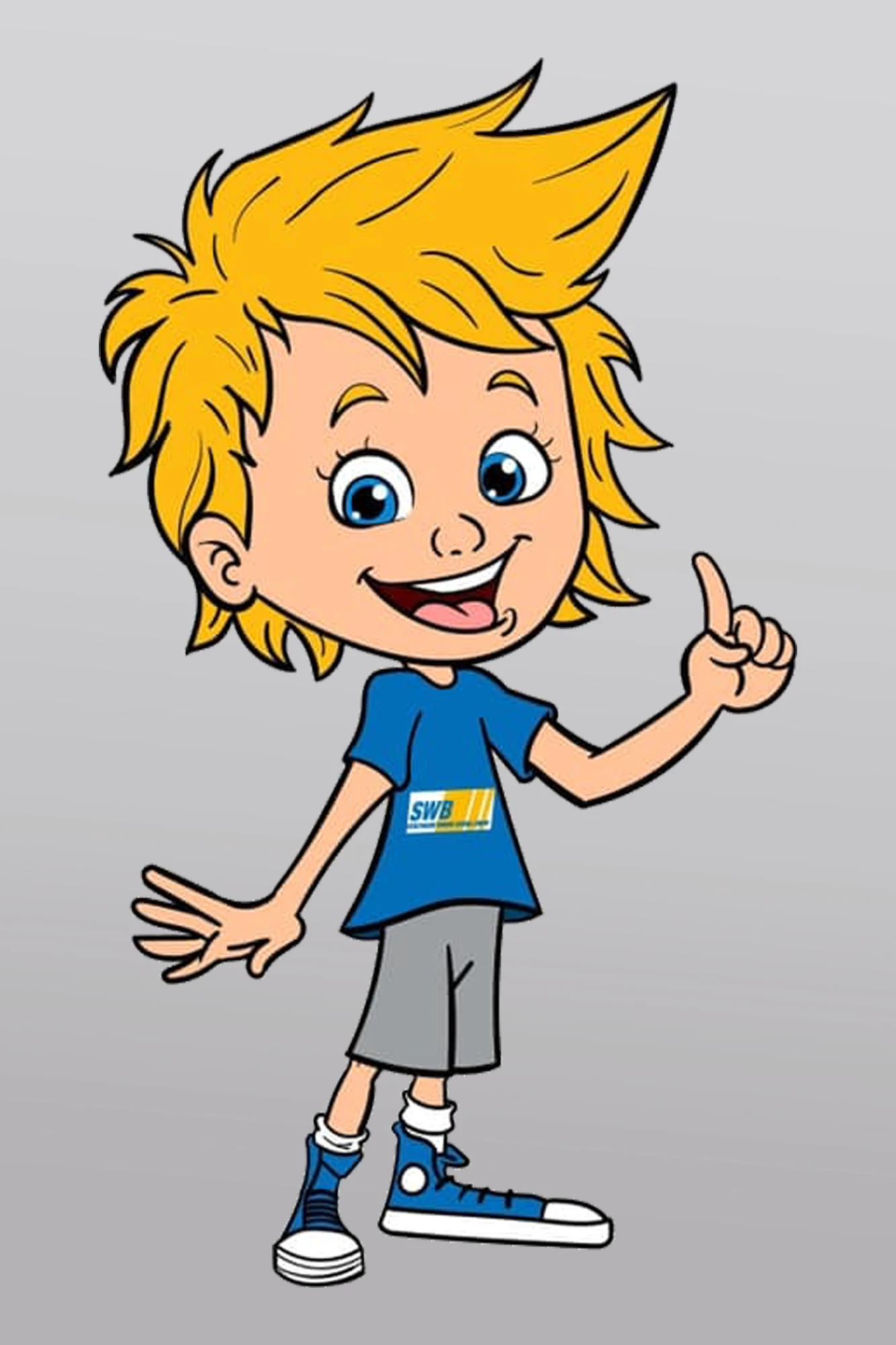 Maskottchen Sonni mit stacheligen gelben Haaren, blauen Augen, blauem T-Shirt mit Logo, grauen Shorts und blauen Turnschuhen, lächelnd und mit der rechten Hand nach oben zeigend.