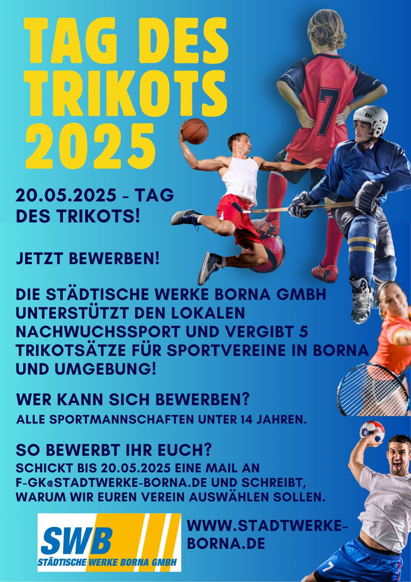 Werbeplakat für den Tag des Trikots 2025 mit Bildern von Jugendsportlern und Informationen darüber, wie sich Sportmannschaften für Trikotsponsoring bewerben können.