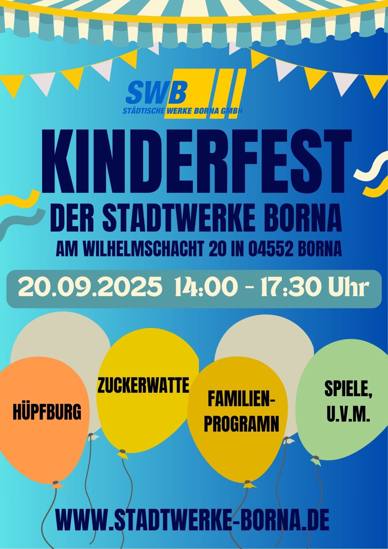 Banner mit blauen und gelben Verzierungen zur Werbung für das Kinderfest der Stadtwerke Borna am Wilhelmsschacht 20 in 04552 Borna.